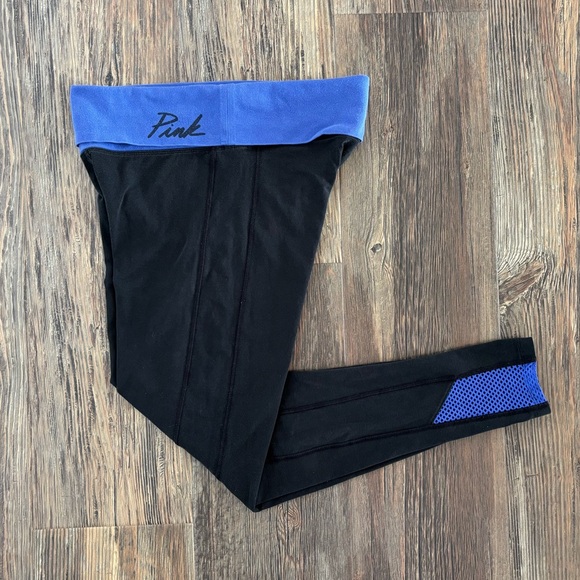 Y2K PINK Yoga Victorias Secret Foldover Skinny Leggings Sm Black Blue Mesh Ankle
